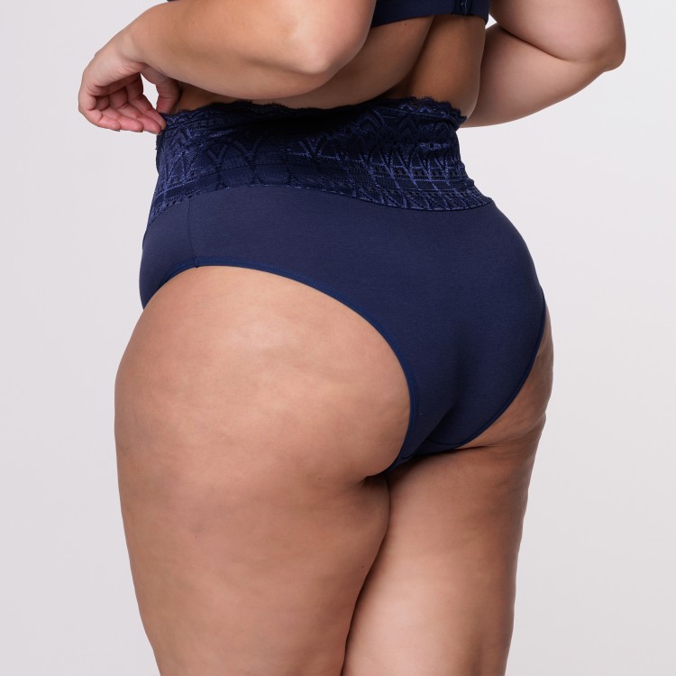 Calcinha Plus Size Algodão Egípcio Barra Renda Forrada na Cor Marinho