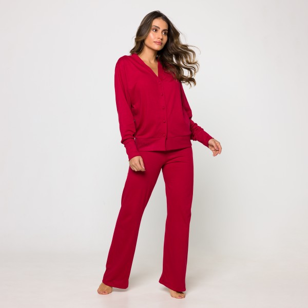 Pijama Manga Longa com Botões em Algodão Egípcio Rubi